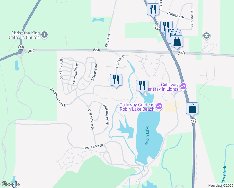map of restaurants, bars, coffee shops, grocery stores, and more near 4500 Southern Pine Drive in Pine Mountain