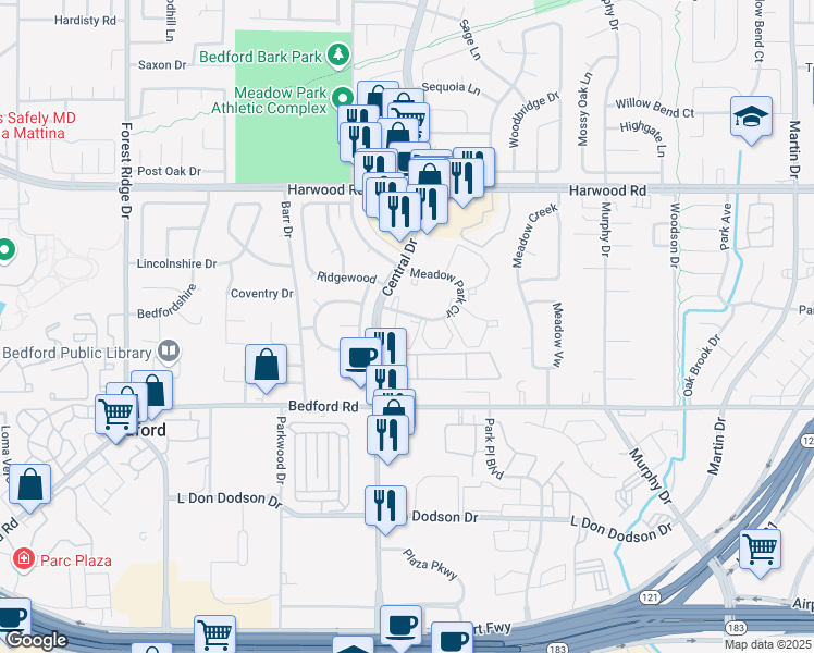 map of restaurants, bars, coffee shops, grocery stores, and more near 2418 Meadow Park Circle in Bedford