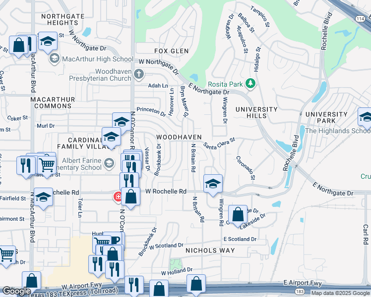 map of restaurants, bars, coffee shops, grocery stores, and more near 3101 Bryn Mawr Drive in Irving