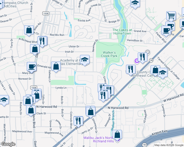 map of restaurants, bars, coffee shops, grocery stores, and more near 8316 Emerald Circle in Fort Worth