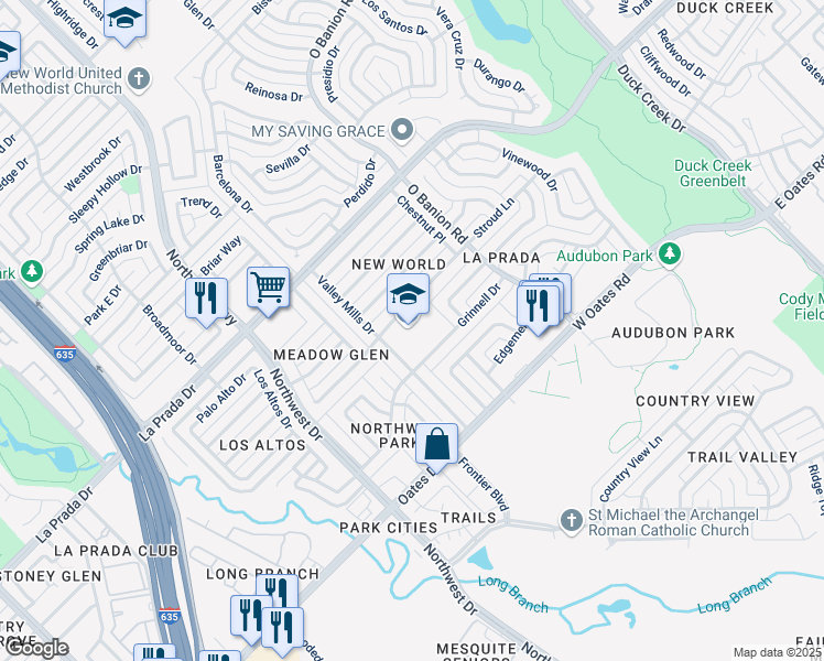 map of restaurants, bars, coffee shops, grocery stores, and more near 630 Stroud Lane in Mesquite