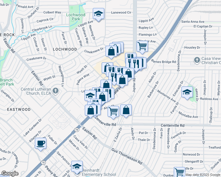 map of restaurants, bars, coffee shops, grocery stores, and more near 11117 Lochwood Boulevard in Dallas
