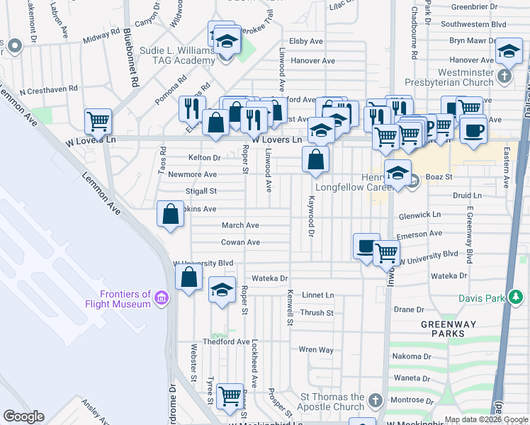 map of restaurants, bars, coffee shops, grocery stores, and more near 4715 March Avenue in Dallas