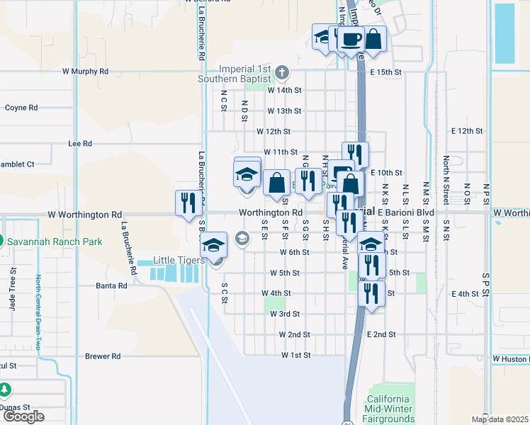 map of restaurants, bars, coffee shops, grocery stores, and more near County Highway S28 in Imperial