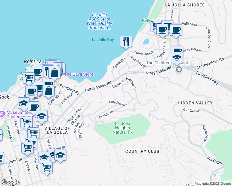 map of restaurants, bars, coffee shops, grocery stores, and more near 7757 Whitefield Place in San Diego