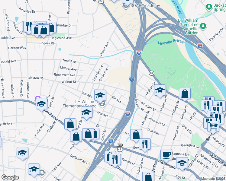 map of restaurants, bars, coffee shops, grocery stores, and more near 1860 5th Avenue West in Macon