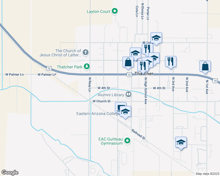 map of restaurants, bars, coffee shops, grocery stores, and more near North Cash Lane in Thatcher