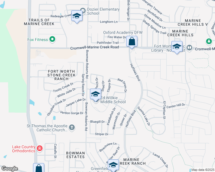 map of restaurants, bars, coffee shops, grocery stores, and more near 6141 Tilapia Drive in Fort Worth