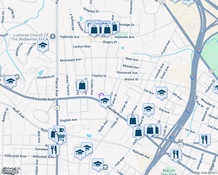 map of restaurants, bars, coffee shops, grocery stores, and more near 159 Rogers Avenue in Macon