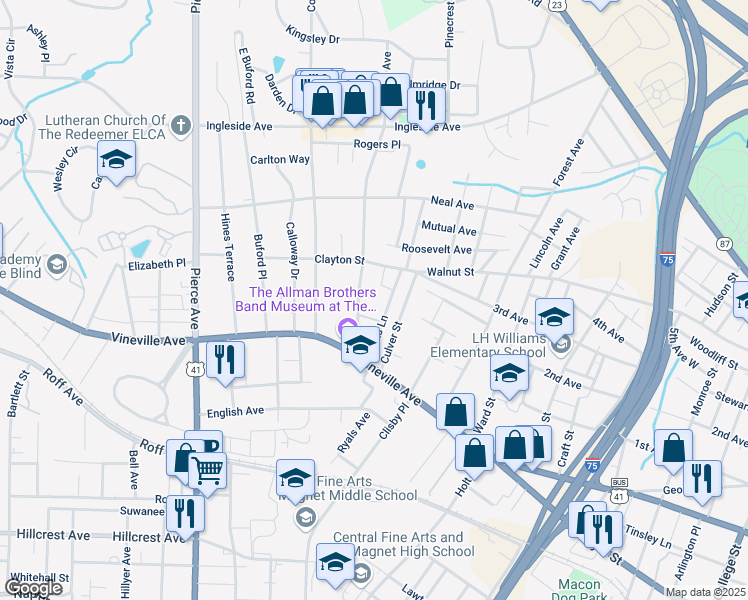 map of restaurants, bars, coffee shops, grocery stores, and more near 159 Rogers Avenue in Macon
