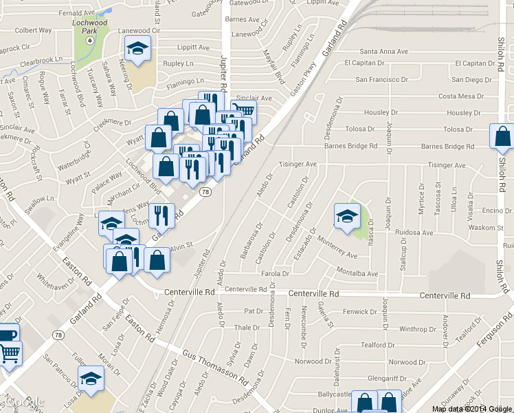 map of restaurants, bars, coffee shops, grocery stores, and more near 11023 Barbarosa Drive in Dallas