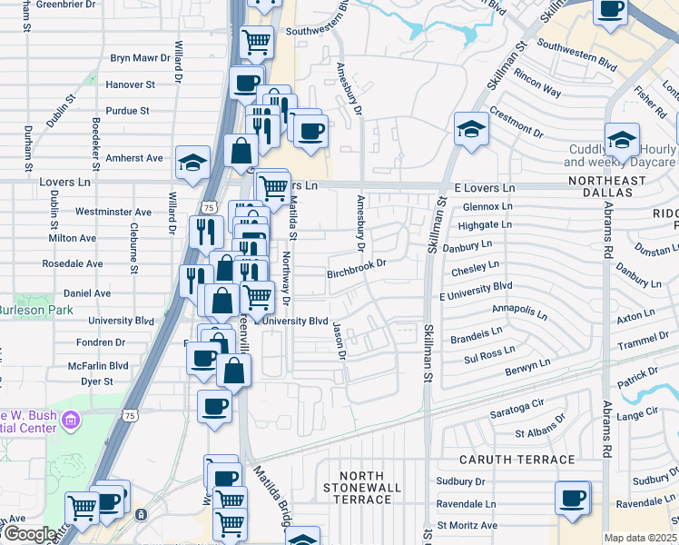 map of restaurants, bars, coffee shops, grocery stores, and more near 5924 Birchbrook Drive in Dallas