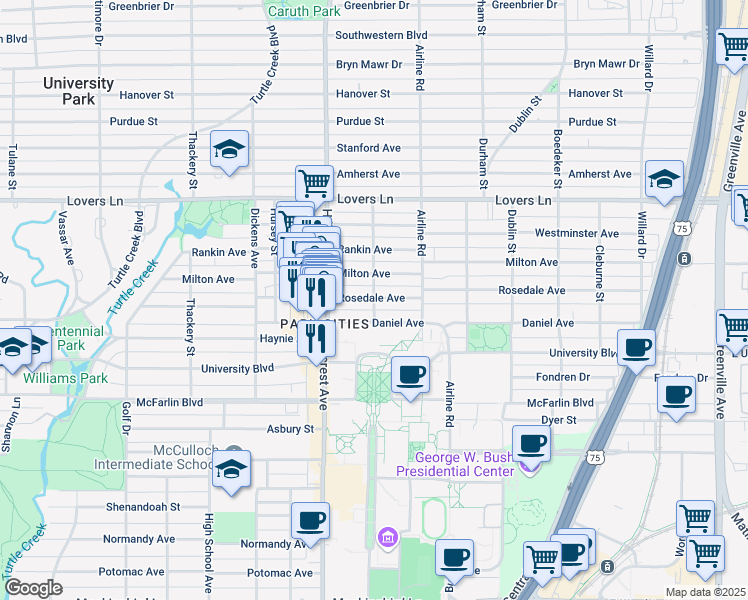 map of restaurants, bars, coffee shops, grocery stores, and more near 3240 Daniel Avenue in Dallas