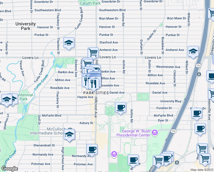 map of restaurants, bars, coffee shops, grocery stores, and more near 3312 Daniel Avenue in Dallas