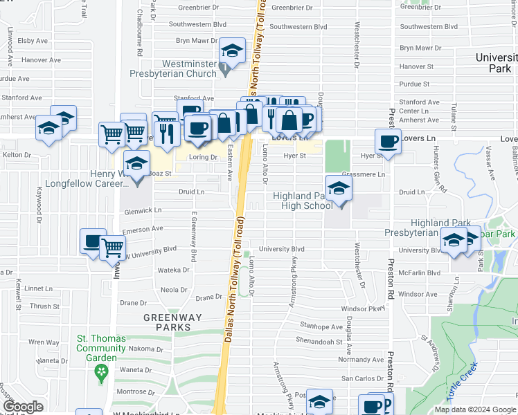 map of restaurants, bars, coffee shops, grocery stores, and more near 4554 Glenwick Lane in Dallas