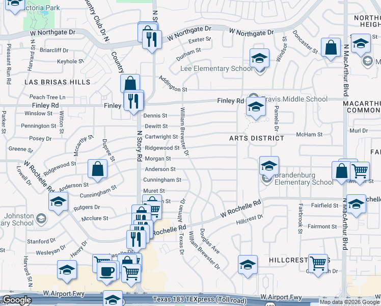 map of restaurants, bars, coffee shops, grocery stores, and more near in Irving