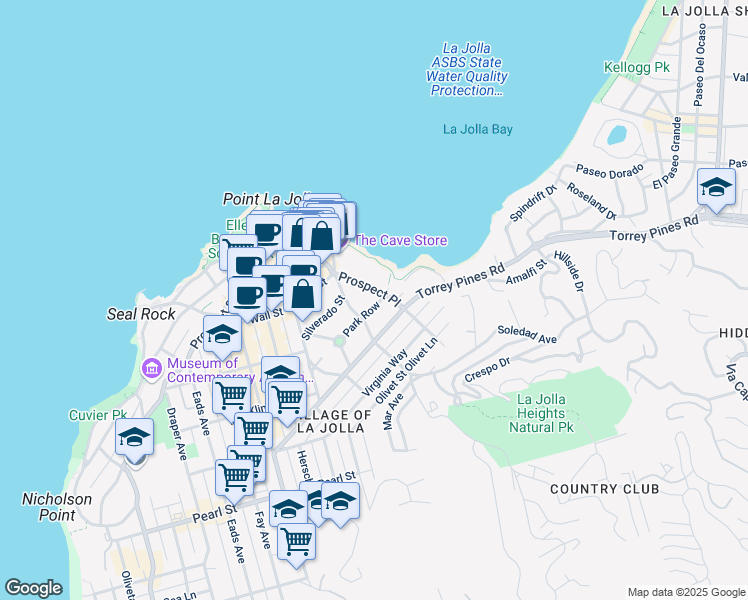 map of restaurants, bars, coffee shops, grocery stores, and more near 1425 Park Row in San Diego