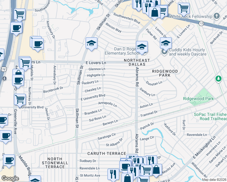map of restaurants, bars, coffee shops, grocery stores, and more near 6245 East University Boulevard in Dallas