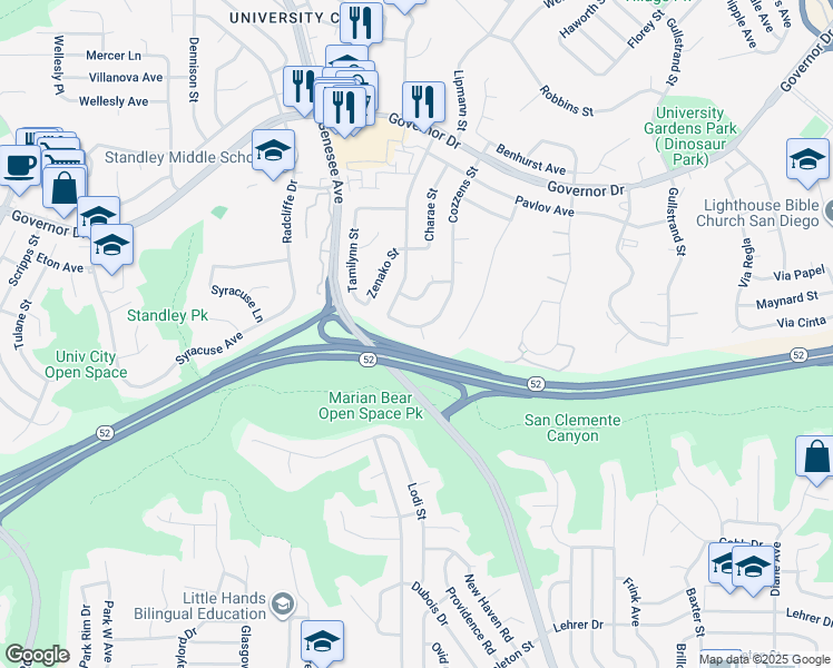 map of restaurants, bars, coffee shops, grocery stores, and more near 5865 Cozzens Street in San Diego
