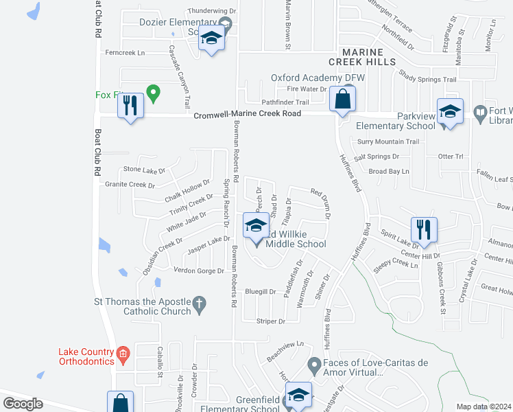 map of restaurants, bars, coffee shops, grocery stores, and more near 6101 Redear Drive in Fort Worth