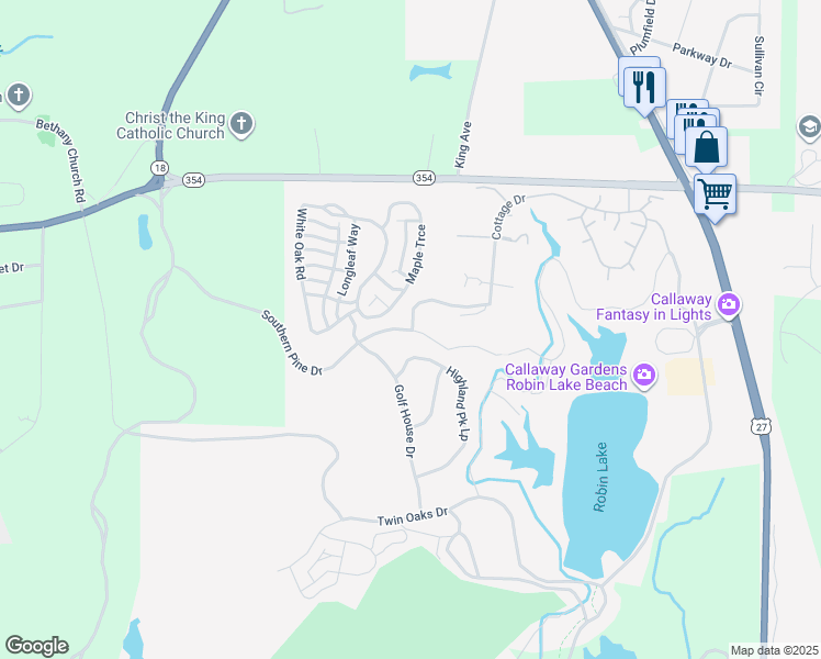 map of restaurants, bars, coffee shops, grocery stores, and more near 4500 Southern Pine Drive in Pine Mountain
