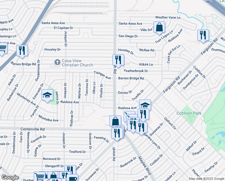 map of restaurants, bars, coffee shops, grocery stores, and more near 2836 Encino Drive in Dallas