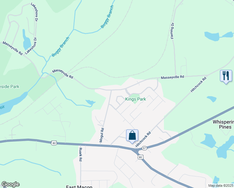 map of restaurants, bars, coffee shops, grocery stores, and more near 3554 Windsor Circle in Macon