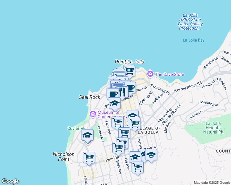 map of restaurants, bars, coffee shops, grocery stores, and more near 7921 Girard Avenue in San Diego
