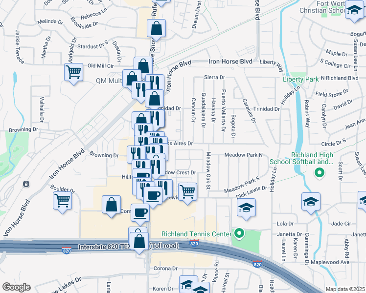 map of restaurants, bars, coffee shops, grocery stores, and more near 6810 Buenos Aires Drive in Fort Worth
