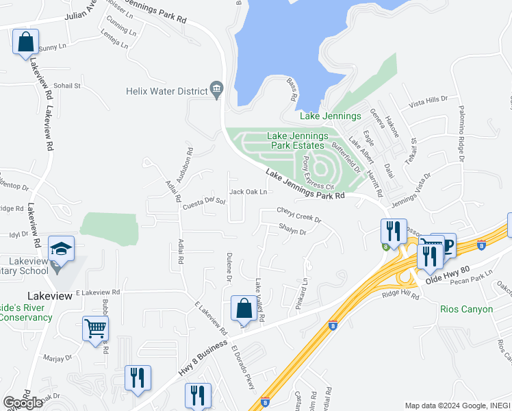 map of restaurants, bars, coffee shops, grocery stores, and more near 13802 Cheryl Creek Drive in El Cajon