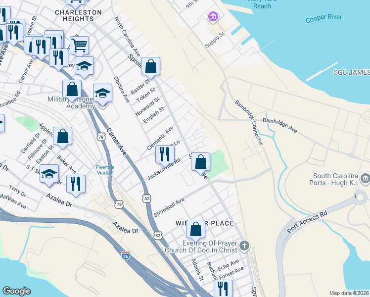 map of restaurants, bars, coffee shops, grocery stores, and more near 1920 Jacksonville Road in North Charleston