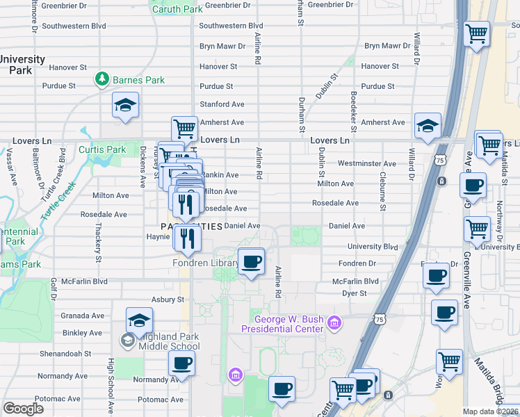 map of restaurants, bars, coffee shops, grocery stores, and more near Airline & Rosedale Ave in University Park