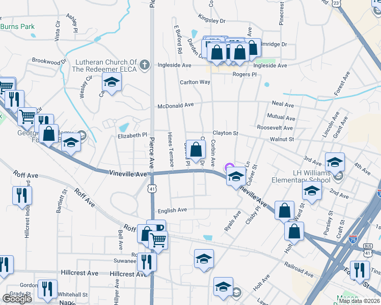 map of restaurants, bars, coffee shops, grocery stores, and more near 122 Buford Place in Macon