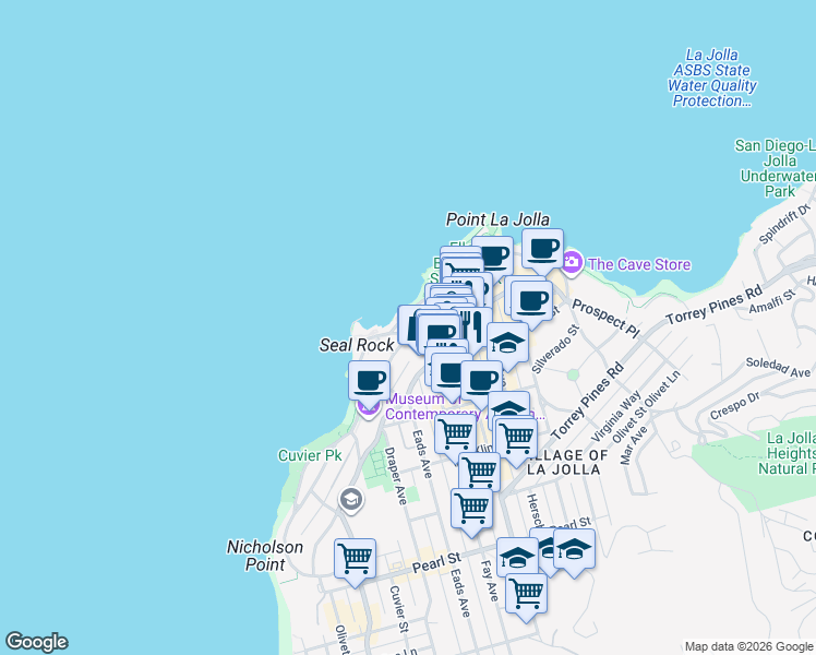 map of restaurants, bars, coffee shops, grocery stores, and more near 231 Jenner Street in San Diego