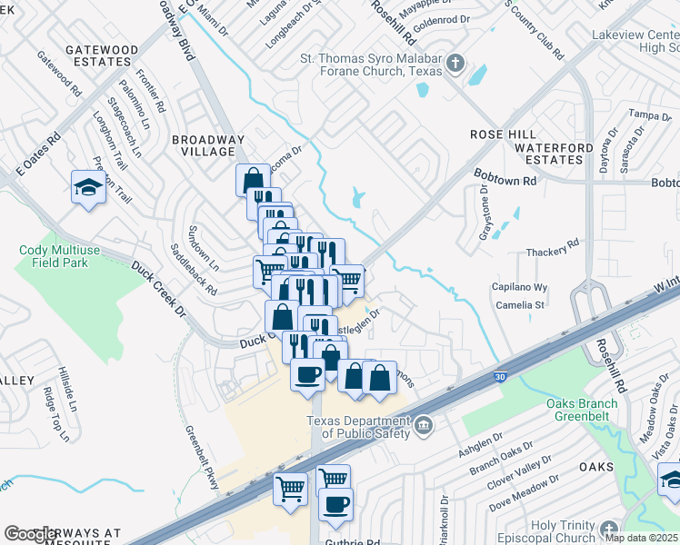 map of restaurants, bars, coffee shops, grocery stores, and more near 528 Rowlett Road in Garland