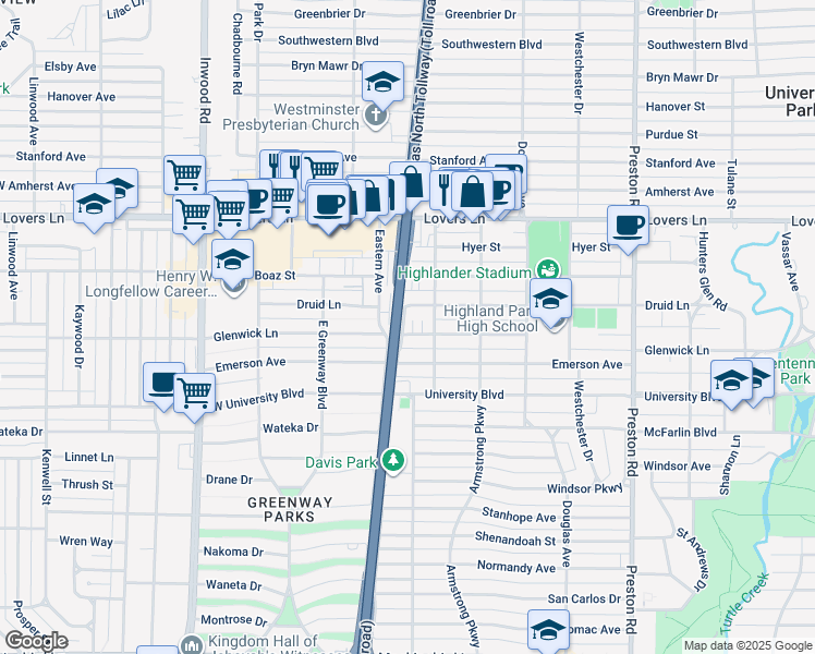 map of restaurants, bars, coffee shops, grocery stores, and more near 4554 Glenwick Lane in Dallas