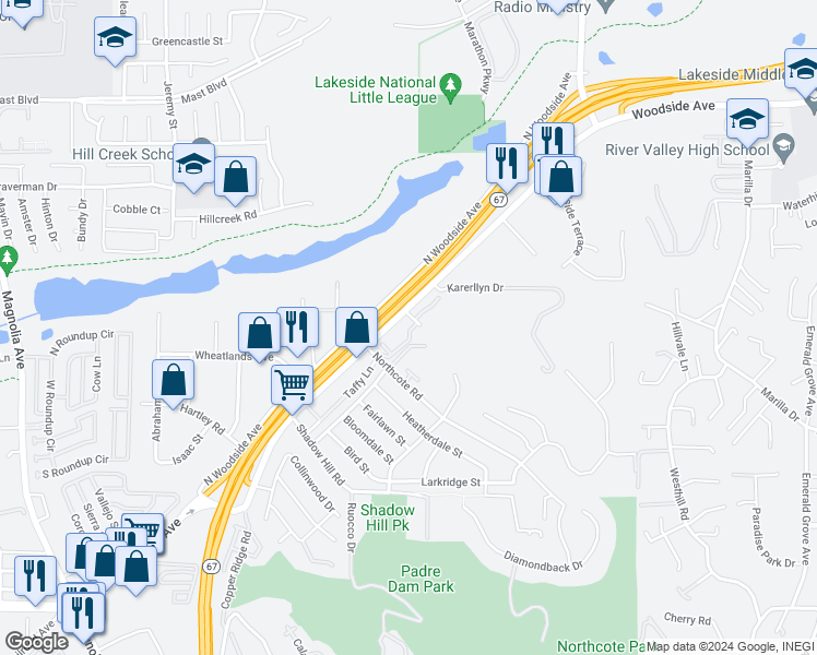 map of restaurants, bars, coffee shops, grocery stores, and more near 11249 Via Madonna in Santee