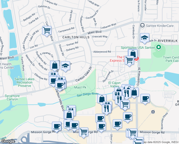 map of restaurants, bars, coffee shops, grocery stores, and more near 9421 Carlton Oaks Drive in Santee