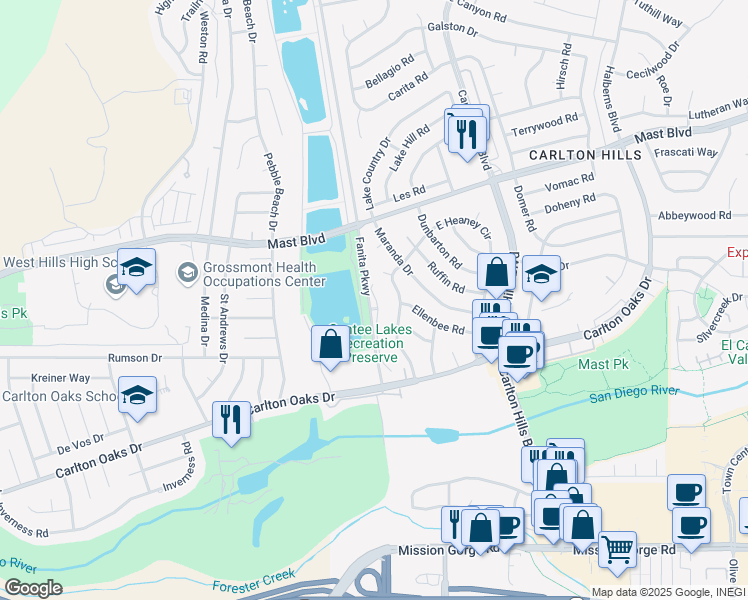 map of restaurants, bars, coffee shops, grocery stores, and more near 8608 Amherst Street in Santee