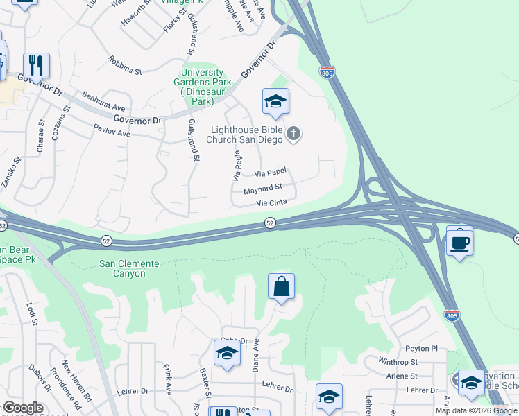 map of restaurants, bars, coffee shops, grocery stores, and more near 4973 Via Cinta in San Diego