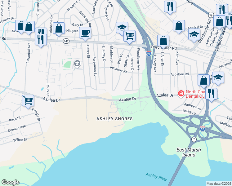 map of restaurants, bars, coffee shops, grocery stores, and more near 3773 State Road S-10-894 in North Charleston