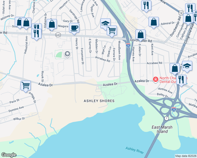 map of restaurants, bars, coffee shops, grocery stores, and more near 3773 State Road S-10-894 in North Charleston