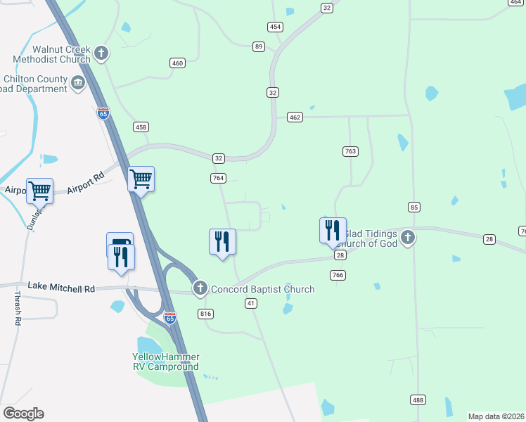 map of restaurants, bars, coffee shops, grocery stores, and more near 310 County Road 765 in Clanton