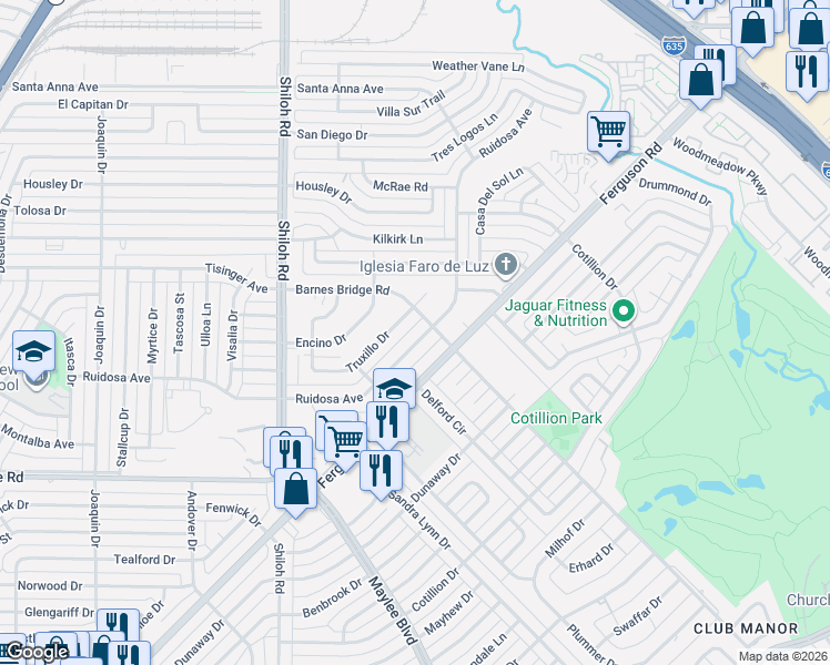 map of restaurants, bars, coffee shops, grocery stores, and more near 11061 Ferguson Road in Dallas