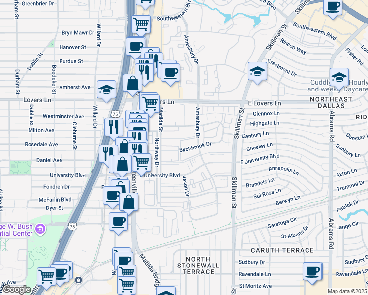map of restaurants, bars, coffee shops, grocery stores, and more near 5924 Birchbrook Drive in Dallas