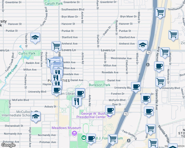 map of restaurants, bars, coffee shops, grocery stores, and more near 3110 Daniel Avenue in Dallas