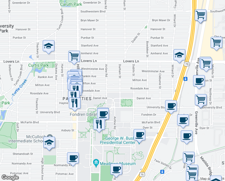 map of restaurants, bars, coffee shops, grocery stores, and more near 3110 Daniel Avenue in Dallas