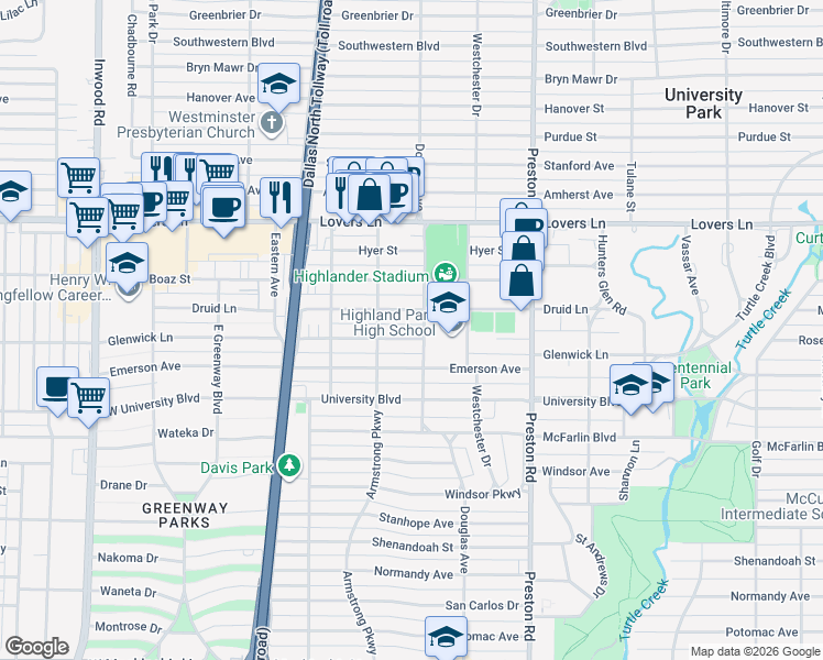 map of restaurants, bars, coffee shops, grocery stores, and more near 4301 Glenwick Lane in Dallas