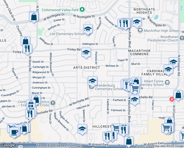 map of restaurants, bars, coffee shops, grocery stores, and more near 200 Hillcrest Court in Irving