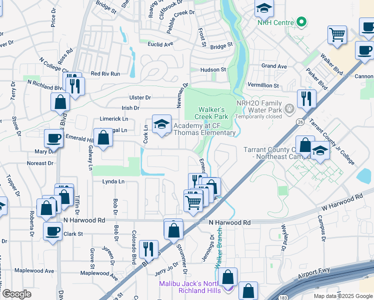 map of restaurants, bars, coffee shops, grocery stores, and more near 8450 Emerald Hills Way in North Richland Hills